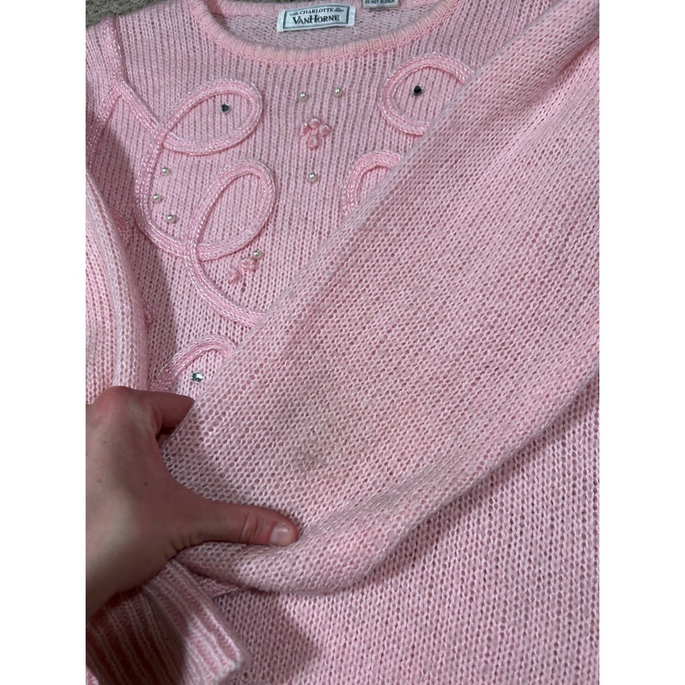 Vintage Charlotte Van Horne Pink Knit Sweater Pearl Beaded Cottagecore Coquette View 5